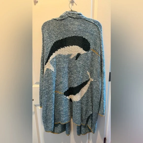 RARE Anthropologie Viral Blue Narwhal Knit Cardigan Sweater M/L - Picture 7 of 8